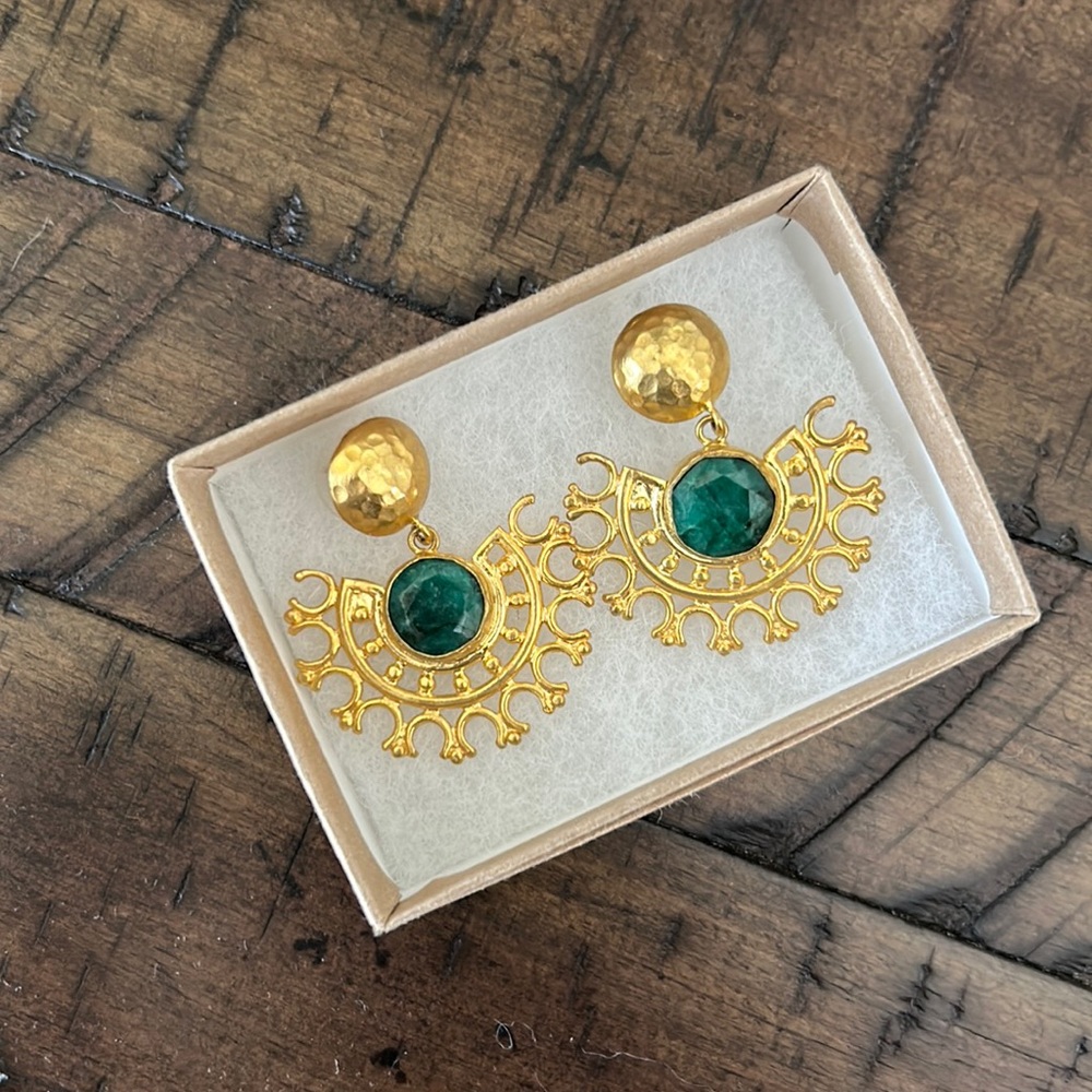 Emerald and Gold Handmade Chandelier Earrings